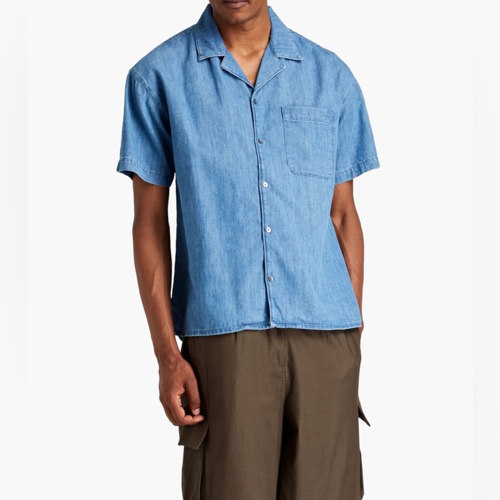 FRAME Men’s Cotton Linen Blend Chambray Short Sleeve Shirt | Size M | Blue